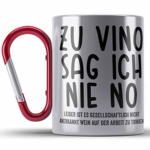 Trendation - Zu Vino Sag Ich Nie No Lustige Edelstahl Tasse Karabiner mit Spruch Weinliebhaber Arbeit Geschenkidee Büro (Rot) von Trendation