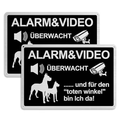 2 Stück Videoüberwachung Schild Set 20x30cm,Warnung vor dem Hunds Schilder Lustig Metall Alu Gebürstetes Videoüberwacht Schilder Achtung Hundschild Warnung vor dem Hund Schilders für Zuhause Outdoor von Trendecor