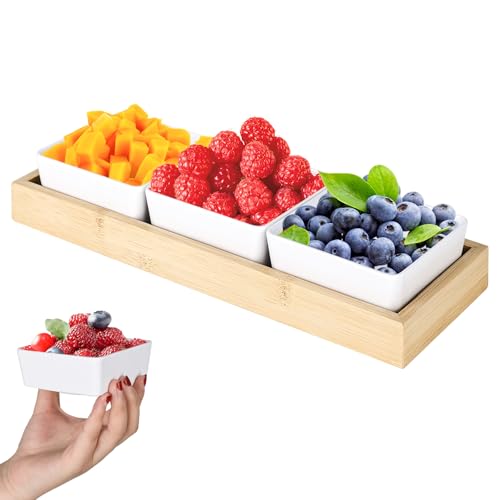 Trendecor 3X Dipschalen mit Brett Holz, Dip Schalen Set Dessertschalen Dipschalen Set Tischdekoration Dip-Schälchen Schale für Snackschalen Dessert Marmeladen Konfitürene Weiß von Trendecor