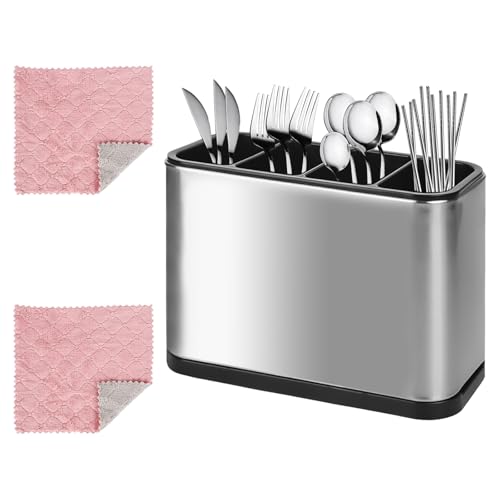 Trendecor 4 Fächer Besteckhalter, Küchenutensilienhalter mit 2 Putztuch für Küche Edelstahl Esszimmer Abtropfschale Besteckkasten Caddy Halter für Essstäbchen Löffel Messer und Gabeln von Trendecor