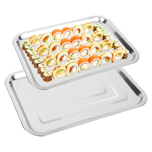 Trendecor Servierplatte 2 teiliges Set Edelstahl Servierteller Rechteckig Kellnertablett Serviertablett Groß für Buffets, Sushi, Kuchen, Vorspeisen zu Hause/im Restaurant, 32 x 22cm+36 x 27cm von Trendecor
