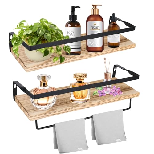 Trendecor Wandregal Holz, 2er Set Küchenregal Wand mit Handtuchhalter 40cm Hängeregal Dekorative Wandregale Schweberegal Rustikal für Küche, Badezimmer, Waschküche, Wohnzimmer usw von Trendecor