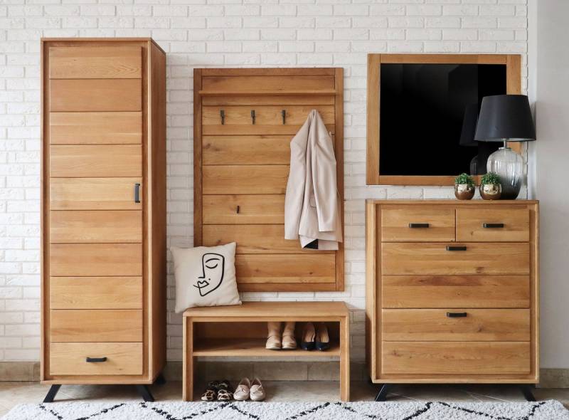 Trendmöbel24 Garderoben-Set Garderoben Set Genf I Wildeiche Massivholz geölt 5-teilig, (Komplett-Set, 5-St., Schuhschrank, Dielenschrank, Bank, Garderobenpaneel, Spiegel) von Trendmöbel24