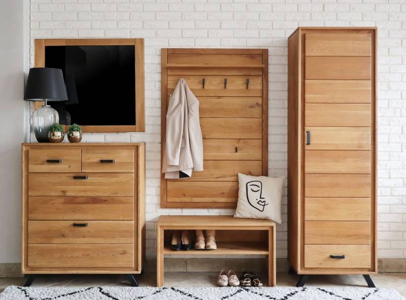 Trendmöbel24 Garderoben-Set Garderoben Set Genf I Wildeiche Massivholz geölt 5-teilig, (Komplett-Set, 5-St., Schuhschrank, Dielenschrank, Bank, Garderobenpaneel, Spiegel) von Trendmöbel24