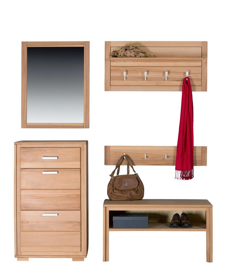 Trendmöbel24 Garderoben-Set Garderoben Set Genf IV Kernbuche Massivholz geölt/gewachst 5-teilig, (Komplett-Set, 5-St., Schuhschrank, Garderobenbank, Garderobenpaneel, Hakenleiste, Spiegel) von Trendmöbel24