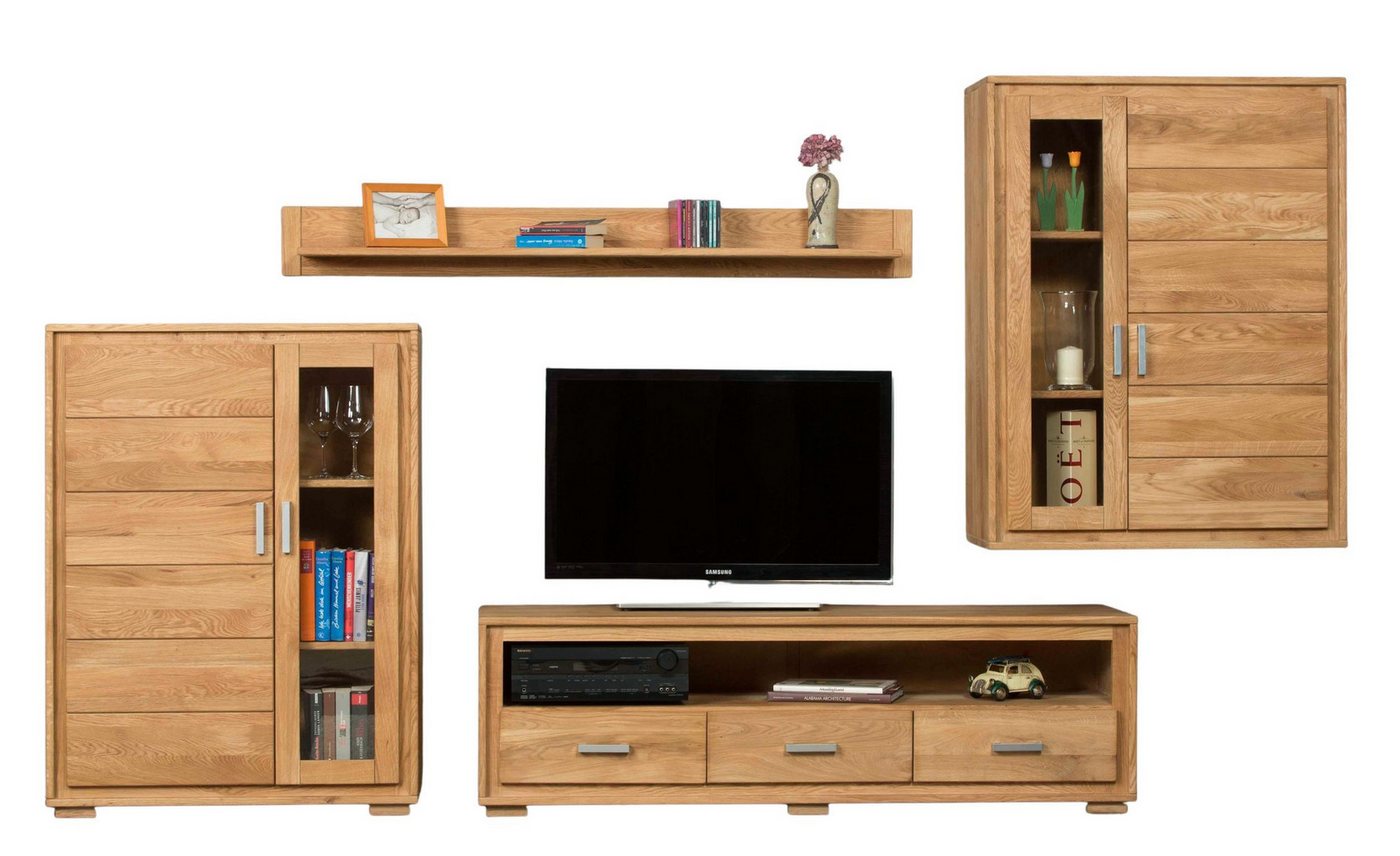 Trendmöbel24 Wohnwand Wohnzimmerschrank Basel Set IV 4-teilig Wildeiche Massivholz, (Komplett-Set, 4-St., Hängevitrine, Lowboard, Highboard, Wandboard) von Trendmöbel24