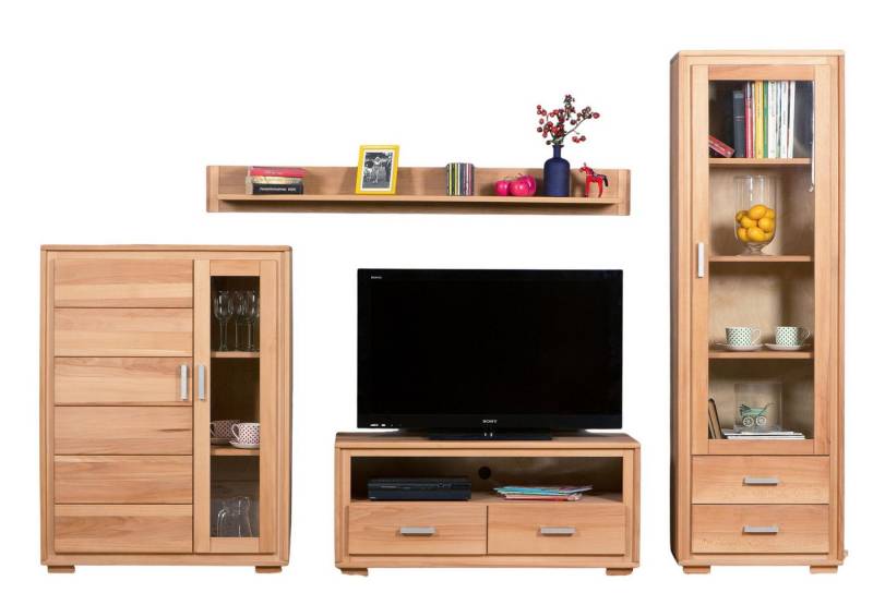 Trendmöbel24 Wohnwand Wohnkombination Genf Set IX 4-teilig Kernbuche Massivholz, (Komplett-Set, 4-St., Vitrine, Lowboard, Halb-Vitrine, Wandboard) von Trendmöbel24