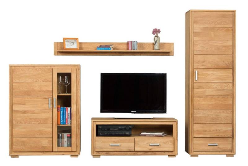 Trendmöbel24 Wohnwand Wohnwand Basel Set IIX 4-teilig Wildeiche Massivholz geölt, (Komplett-Set, 4-St., Schrank, Lowboard, Halb-Vitrine, Wandboard) von Trendmöbel24