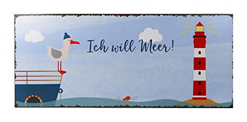 Trends & Trade Blechschild Ich Will Meer Möwe Leuchtturm 30 x 13 cm Maritim See Blech Schild Deko GTT F65 von Trends & Trade