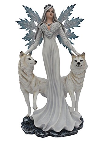 Fee Elfe Figur Winterfee mit 2 weissen Wölfen Elfenfigur Fee mit Wolf 60 cm von Trends & more
