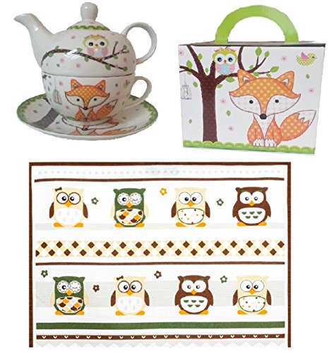 Tea for One "Eule und Fuchs" Teekanne + Tasse + EXTRA ZUGABE Geschirrtuch Eule von Trendstern Trendprodukteshop