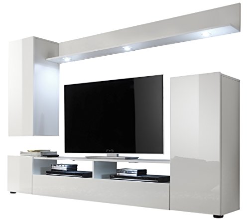 trendteam smart living - DOS - Wohnwand - Weiß Hochglanz - Anbauwand mit 3 Türen, 1 Klappe, 2 offenen Fächern und 2 Einlegeböden - (BxHxT) 208 x 165 x 33 cm - im modernen Design von trendteam smart living