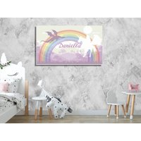 Personalisierte Gerahmte Einhorn-Drachen-Leinwand, Aquarell-Regenbogen-Wandbehang Für Kleinkind-Mädchen-Kinderzimmer, Weiche Pastell-Leinwand-Dekor von TrendyLuciaWalls