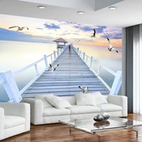 3D Tapete Sonnenuntergang Holz Brücke Meer, Benutzerdefinierte Für Jede Wandgröße, Wandverkleidung Kostenlosen Versand von TrendyPlusDesign