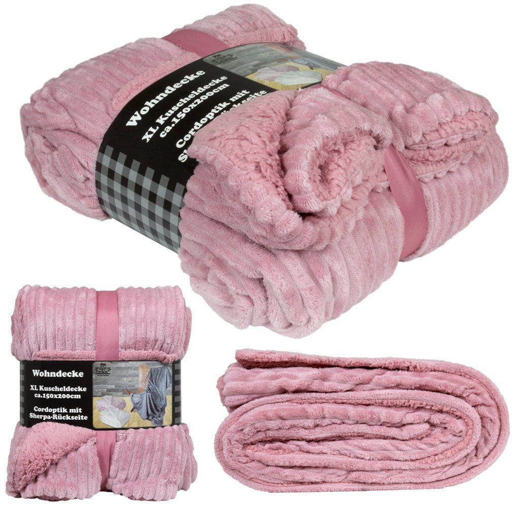 Wohndecke Kuscheldecke 150x200 cm warm Sherpa Cord Optik, Trendyshop365, flauschig weich, rosa creme anthrazit von Trendyshop365