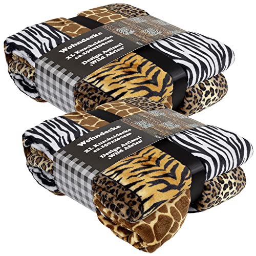 Trendyshop365 Kuscheldecke Africa Animal 150x200cm Tierfell Wohndecke XL Qualität 300g/qm Zebra Giraffe Leopard (2 Stück) von Trendyshop365