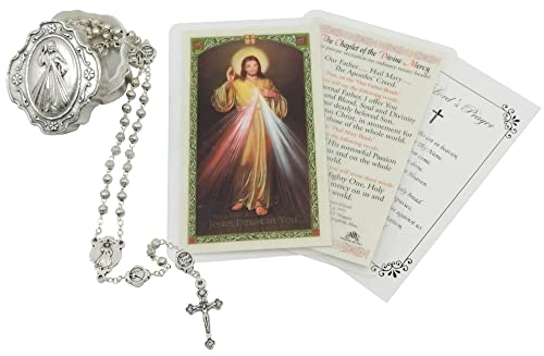 Divine Mercy Chaplet – Göttlicher Barmherzigkeit-Rosenkranz mit silberfarbenen Perlen und Tafelaufsatz,katholisches Rosenkranz-Set mit Metall-Rosenkranzetui, Der Herrn-Gebetskarte,insgesamt 4 Stück von Trendzeen