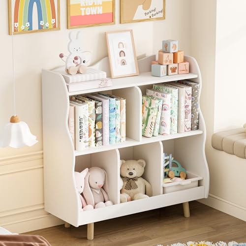 Treocho Kinder Bücherregal und Spielzeugaufbewahrung Orangizer, 3-stöckiges Holz-Kinder-Bücherregal mit Kurven-Design, 5 Cubbies Spielzeug Aufbewahrungsschrank Display mit Beinen für Kinderzimmer, Treocho Kinder Bücherregal und Spielzeugaufbewahrung Orangizer, 3-stöckiges Holz-Kinder-Bücherregal mit Kurven-Design, 5 Cubbies Spielzeug Aufbewahrungsschrank Display mit Beinen für Kinderzimmer, von Treocho
