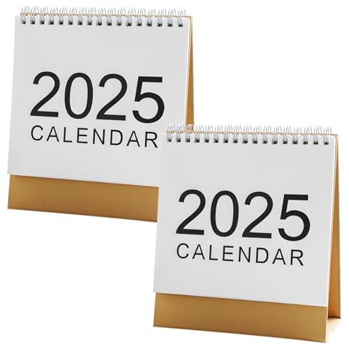 Einfacher Monatsplaner, Mini-Schreibtischkalender 2025, ideal für den Bürogebrauch, gebundenes Design mit brauner Basis, minimalistischer weißer Stil, 2er-Pack, Vorderseite inklusive großem 2025 von Tressify