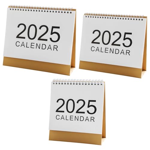 Gebundenes Design, weißer minimalistischer Stil, Mini-Schreibtischkalender 2025, ideal für den Bürogebrauch, 2er-Pack, einfacher Monatsplaner, braune Basis, Vorderseite inkl. großem 2025 von Tressify