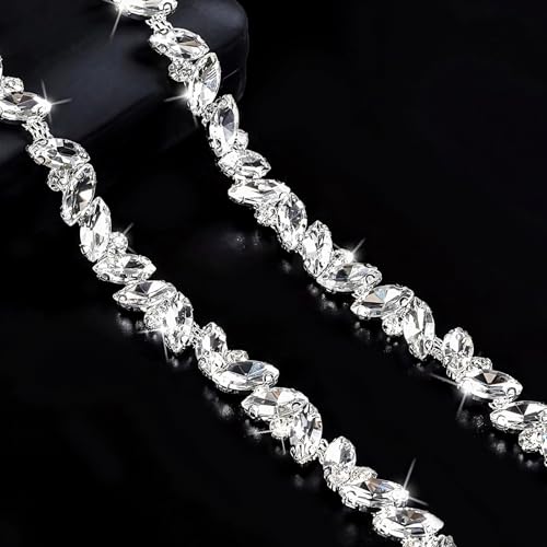 Glasstrass-Blattketten-Applikation, 4,5 m Kristallkette zum Selbermachen, dekorativer funkelnder Kristallbesatz für Schmuckherstellung, Handtaschenverzierung, Hochzeitskleid, Hutband von Tressify