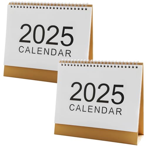 Inklusive großem 2025 Front, einfachem Monatsplaner, 2025 Mini-Schreibtischkalender, weißer minimalistischer Stil, gebundenes Design mit brauner Basis, 2 Stück, für das Büro von Tressify