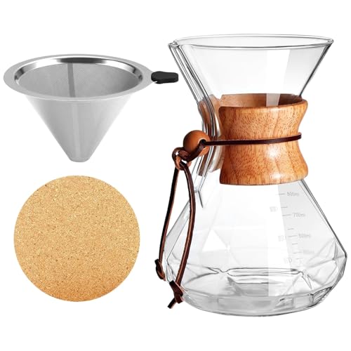Pour Over Kaffeebereiter-Set aus hochwertigem Borosilikatglas, 800 ml, Holzgriff mit 1 Edelstahlfilter und 4 Untersetzern, ideal für Einzelportionen Pour Over Kaffeebereiter-Set aus hochwertigem Borosilikatglas, 800 ml, Holzgriff mit 1 Edelstahlfilter und 4 Untersetzern, ideal für Einzelportionen von Tressify