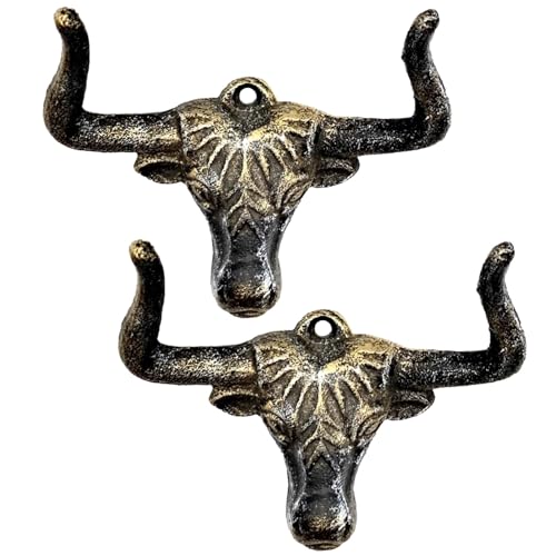 Tressify Vintage-Stil, rustikales europäisches Design, 2 Stück Stierkopf-Wandhaken, hochwertiges Gusseisen, einfache Wandmontage, Cowboy-Hutablage von Tressify