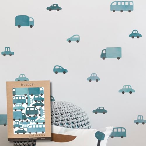 TRESXICS Dekorative Wandaufkleber für Kinder, Autos und Lastwagen, 16 Stück, Vinyl, originell und langlebig, Tapeteneffekt für Kinder, einfach anzubringen und abnehmbar (blau) von Tresxics
