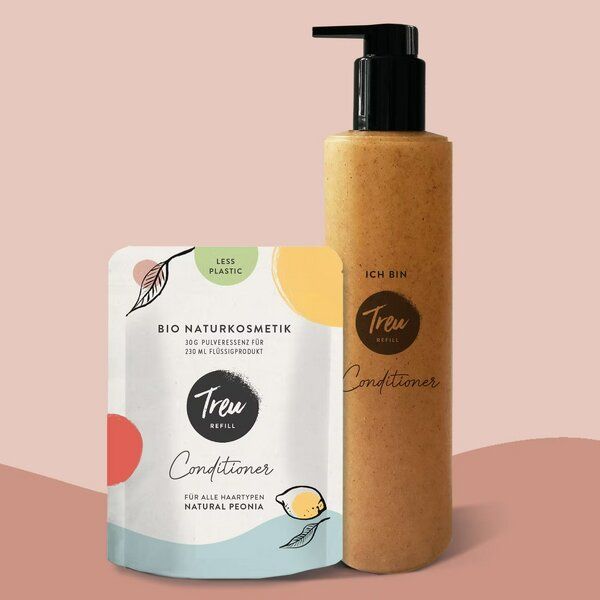 Treu-Refill Bio Naturkosmetik Conditioner in Pulverform+Refill-Flasche aus Flüssigholz von Treu-Refill