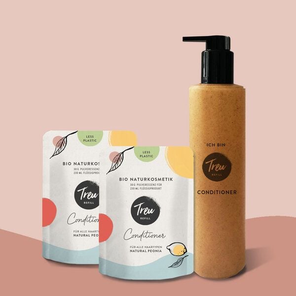 Treu-Refill Bio Naturkosmetik Conditioner in Pulverform mit Refill-Flasche aus Flüssigholz von Treu-Refill