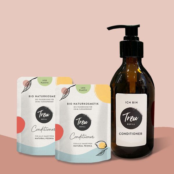 Treu-Refill Bio Naturkosmetik Conditioner in Pulverform mit Refill-Glasche von Treu-Refill
