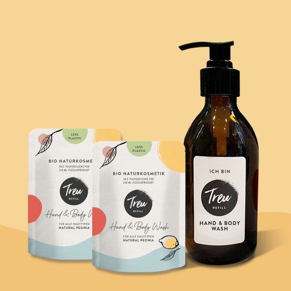Treu-Refill Bio Naturkosmetik Hand & Body Wash in Pulverform mit Glas Refill-Flasche von Treu-Refill