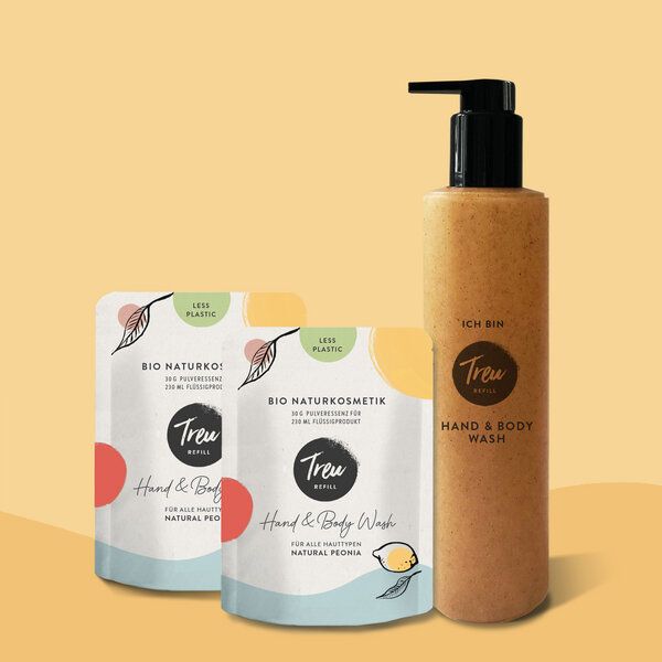Treu-Refill Bio Naturkosmetik Hand & Body Wash in Pulverform mit Refill-Flasche aus Flüssigholz von Treu-Refill