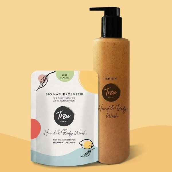 Treu-Refill Bio Naturkosmetik Hand & Body Wash in Pulverform mit Refill-Flasche aus Flüssigholz von Treu-Refill