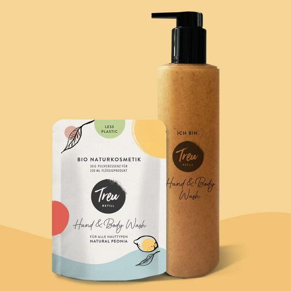Treu-Refill Bio Naturkosmetik Hand & Body Wash in Pulverform mit Refill-Flasche aus Flüssigholz von Treu-Refill