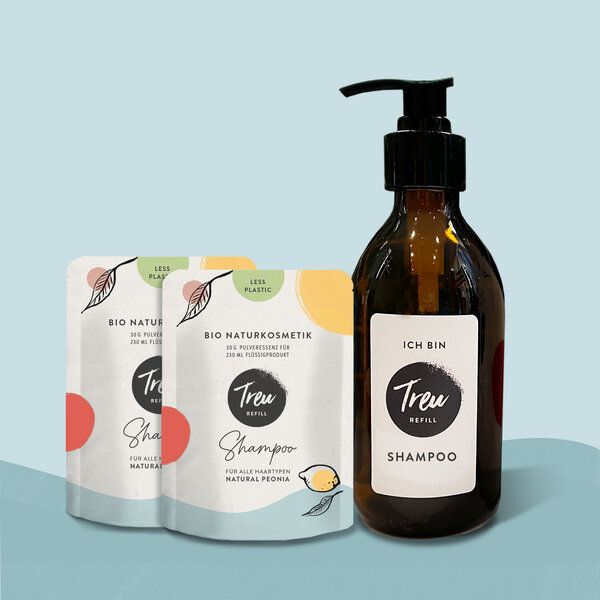 Treu-Refill Bio Naturkosmetik Shampoo in Pulverform mit Refill-Glasflasche von Treu-Refill