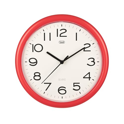 Trevi OM 3301, Wanduhr, Quarz mit Geräuschlosem Zeigerwerk, Durchmesser 24 cm, Geeignet für Küche, Büro und Geschäftsräume, Kunststoff, Rundes Format, Rot von Trevi