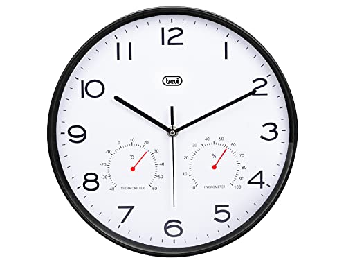 Trevi OM 3510 T, Wanduhr, mit Thermometer und Hygrometer für Temperatur und Luftfeuchtigkeit, Geräuschloses Zeigerwerk, Durchmesser 30 cm, Modernes Design, Rundes Format, Schwarz von Trevi