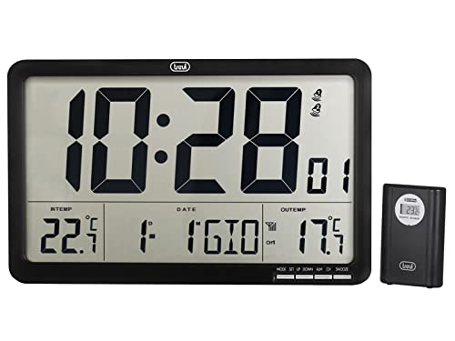 Trevi OM 3560 RC, Digitale Wanduhr, mit Gut Lesbarem LCD-Display, Wecker mit Programmierbarem Klingelton, Kalender, Thermometer, Funkgesteuert mit Externem Sensor, Schwarz von Trevi