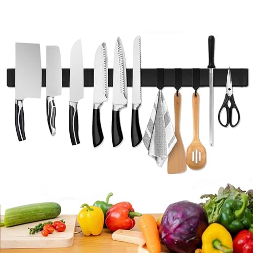 [Verbesserte 60cm]Trhillsbrad Magnetleiste Messer, 60cm Messerhalter Magnetisch mit 3 Haken Edelstahl Messerleiste Selbstklebend, Schwarz Wandhalterung Magnetleiste Ohne Bohren Messerhalter von Trhillsbrad