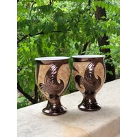 Art Pottery Goblet Set, Handgemachte Keramik Weingläser, Brauner Stein Kelch Hochzeit Weingläser Rustikale Weintassen von TriUshiCeramics