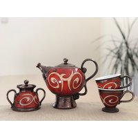 Weihnachtsgeschenk - Hochzeitsgeschenk-Set, Rotes Keramik-Tee-Set, Keramik-Kaffeekanne Und -Tassen, Artisan-Teekanne Teetassen-Set von TriUshiCeramics