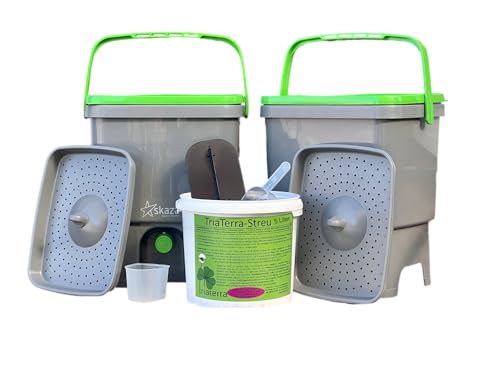 2 x Bokashi-Eimer-16l + 5l-TriaTerra-Streu Set Terra Preta-Küchenkompost (grau/grün) von TriaTerra