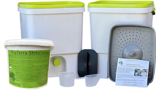 2 x Bokashi-Eimer-16l + 5l-TriaTerra-Streu Set Terra Preta-Küchenkompost (weiß/Limette) von TriaTerra