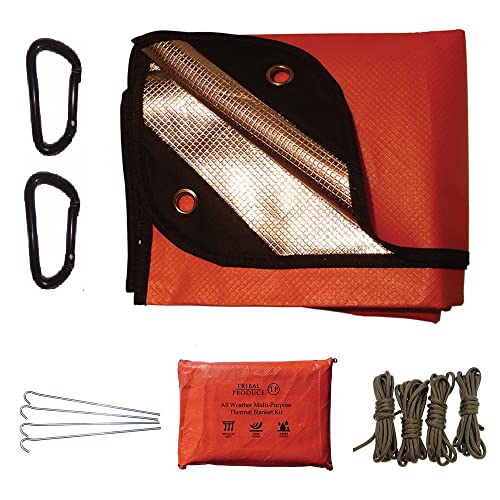 Sehr Stark Mehrzweck-Thermodecke wiederverwendbar (orange), extra Dicke Aluminiumdecke, 2 Karabiner, 4 Zeltheringe, 4 Schnüre und wasserdichte Tasche von Tribal Produce