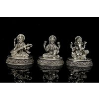 2, 3 "Höhen 925 Sterling Silber Handgemachte Hindu Idole Lakshmi, Ganesha Und Saraswati Statue, Puja Artikel Figur, Beste Diwali Kunst von TribalOrnaments