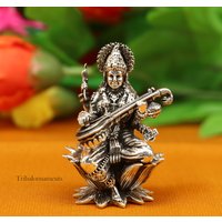 2, 5" Kleine 925 Sterling Silber Handgemachte Hindu Idol Saraswati Sharda Maa Statue, Puja Artikel Figur, Wohnkultur Art57 von TribalOrnaments