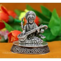 925 Sterling Silber Handgemachtes Hindu Idol Saraswati Sharda Maa Statue, Puja Artikel Figur, Diwali Geschenk Art219 von TribalOrnaments