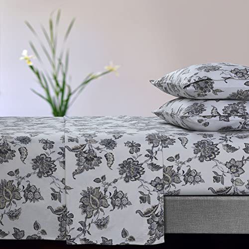 Tribeca Living Ayana Floral 170 g/m² Flanell-Bettlaken-Set, extra tief, für Doppelbett, XL, Dunkelgrau von Tribeca Living